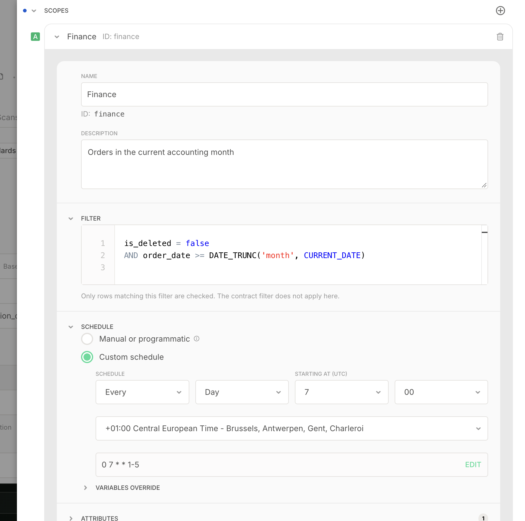 Expanded Finance scope in the Scopes section with its name, ID, description, filter, a custom weekday schedule in Brussels time, and the Variables override and Attributes sections