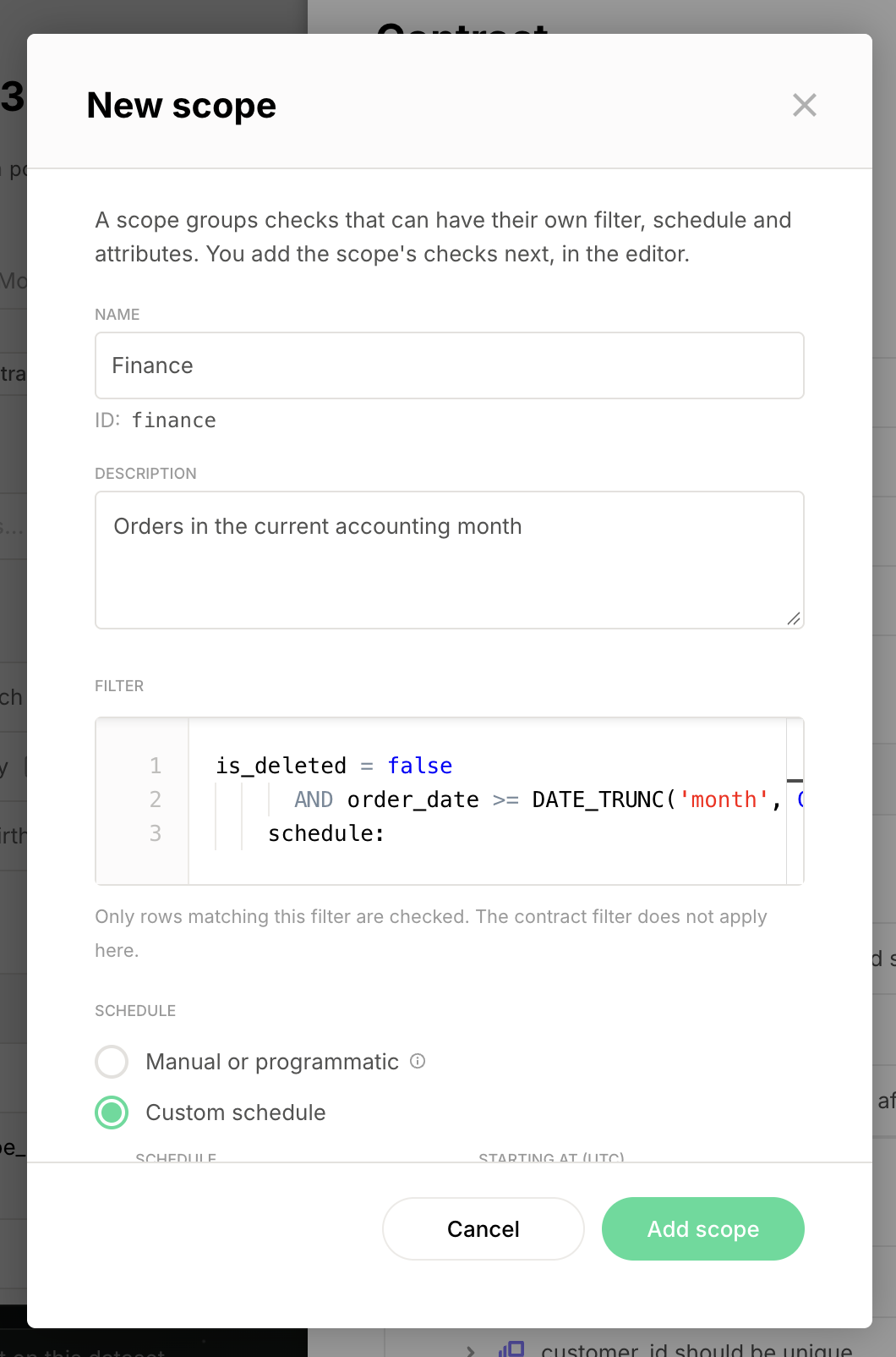 New scope dialog with the name Finance, the generated ID finance, a description, a filter, and Custom schedule selected