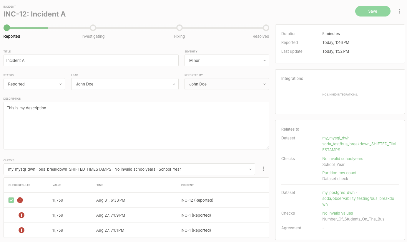 Incident page of an incident linked to checks from several datasets, with the Checks section and the Relates to panel grouping the checks per dataset