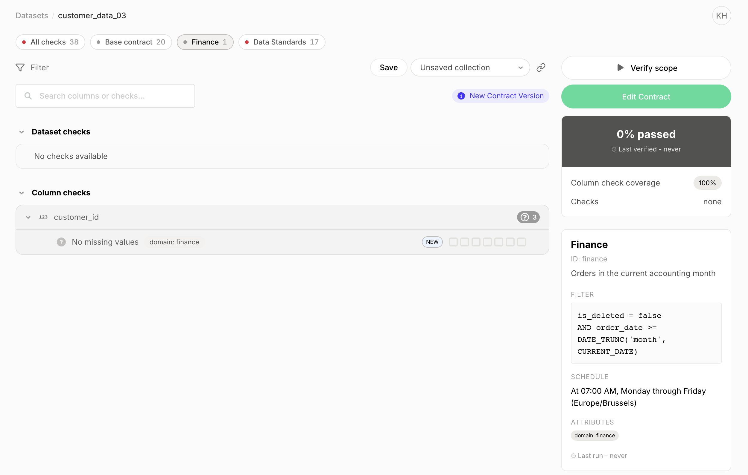 Checks tab with the Finance pill selected, its single check, the Verify scope button, and the scope card with ID, description, filter, schedule, attributes and last run