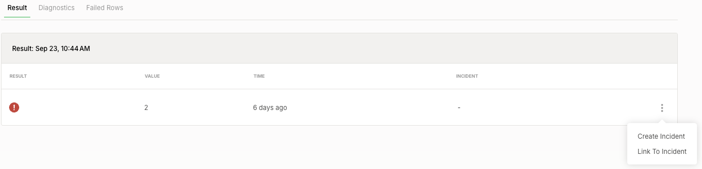 Context menu of a check result on the Result tab of a check page, showing Create Incident and Link To Incident