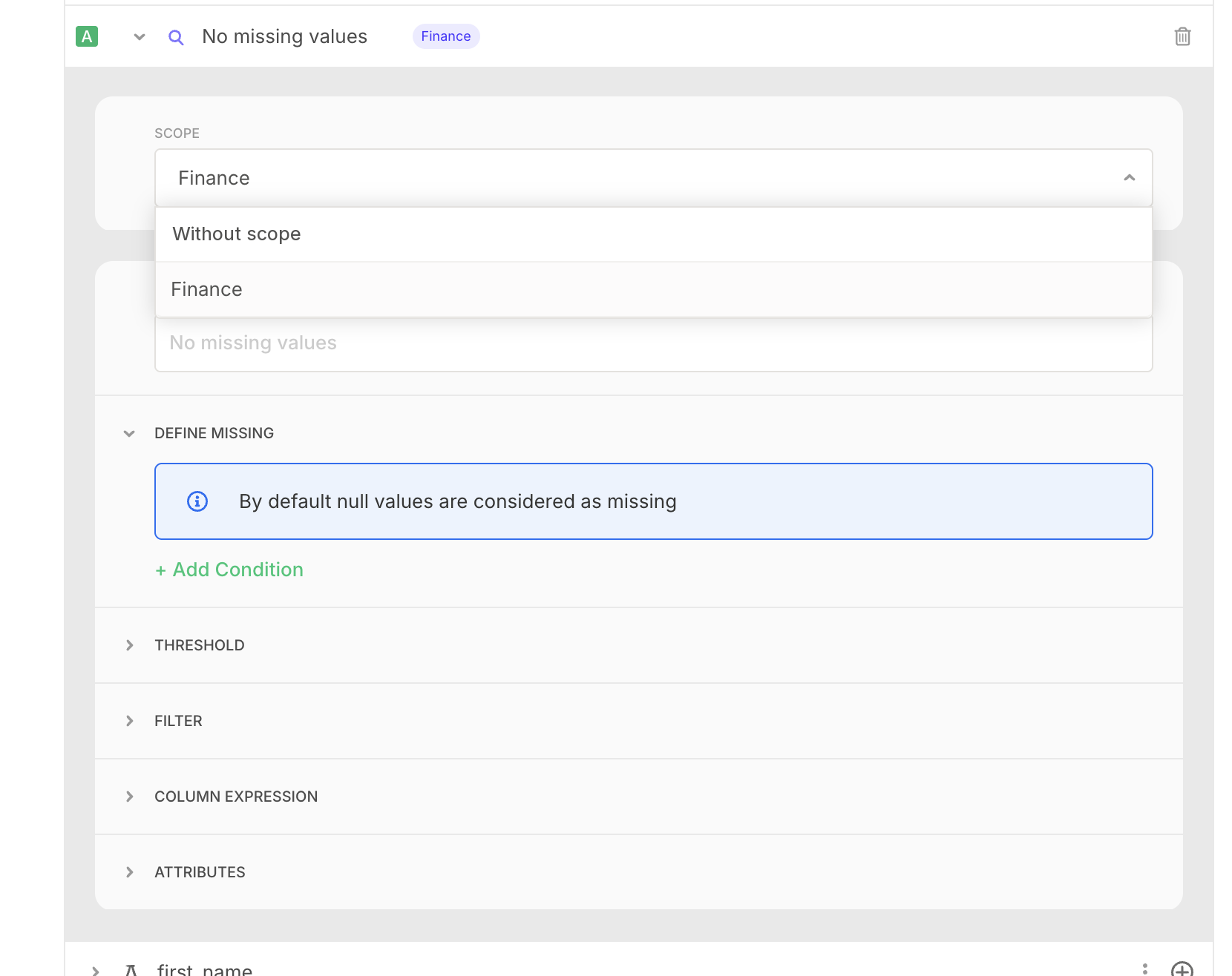Missing check form with the Scope select open on Without scope and Finance, and a Finance tag next to the check name