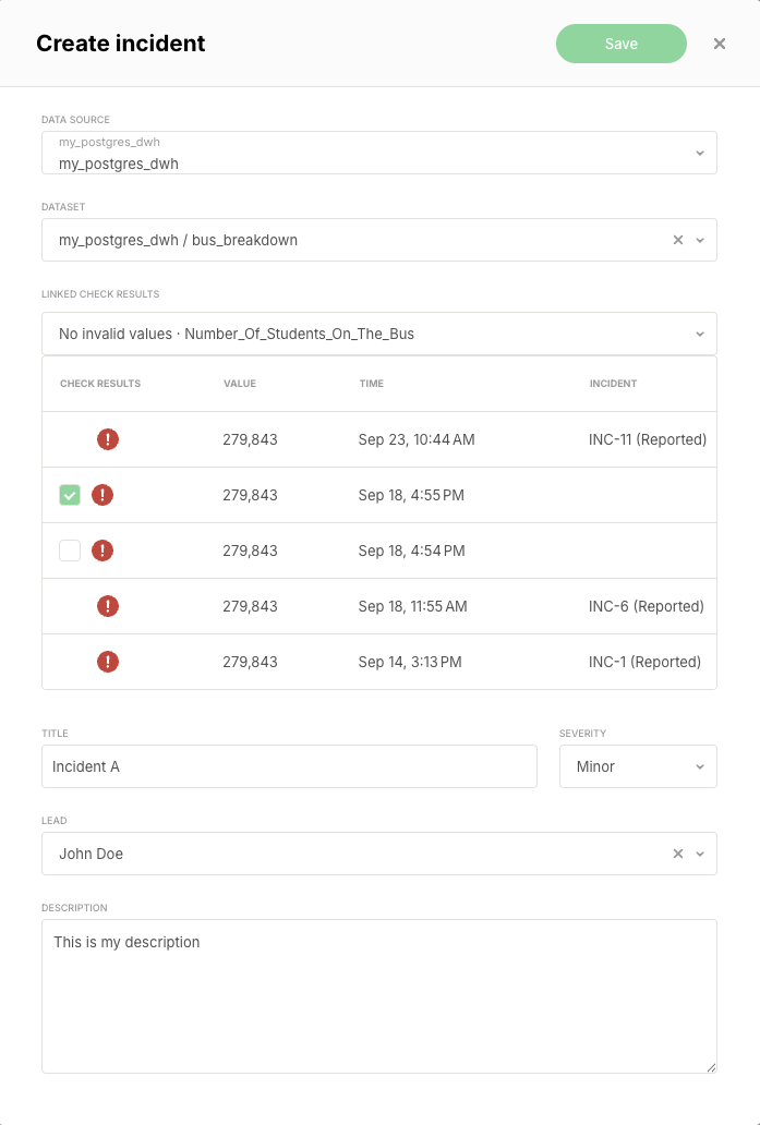 Create incident dialog with the data source, dataset, check, and check result selection above the title, severity, lead, and description fields