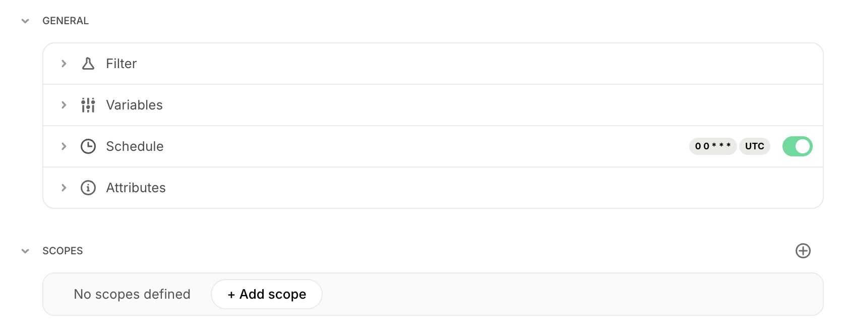 Contract Editor with the General section and, below it, an empty Scopes section showing No scopes defined, the Add scope button and a plus icon in the section header