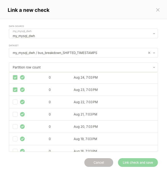 Link a new check dialog with the data source, dataset, check, and check result selection